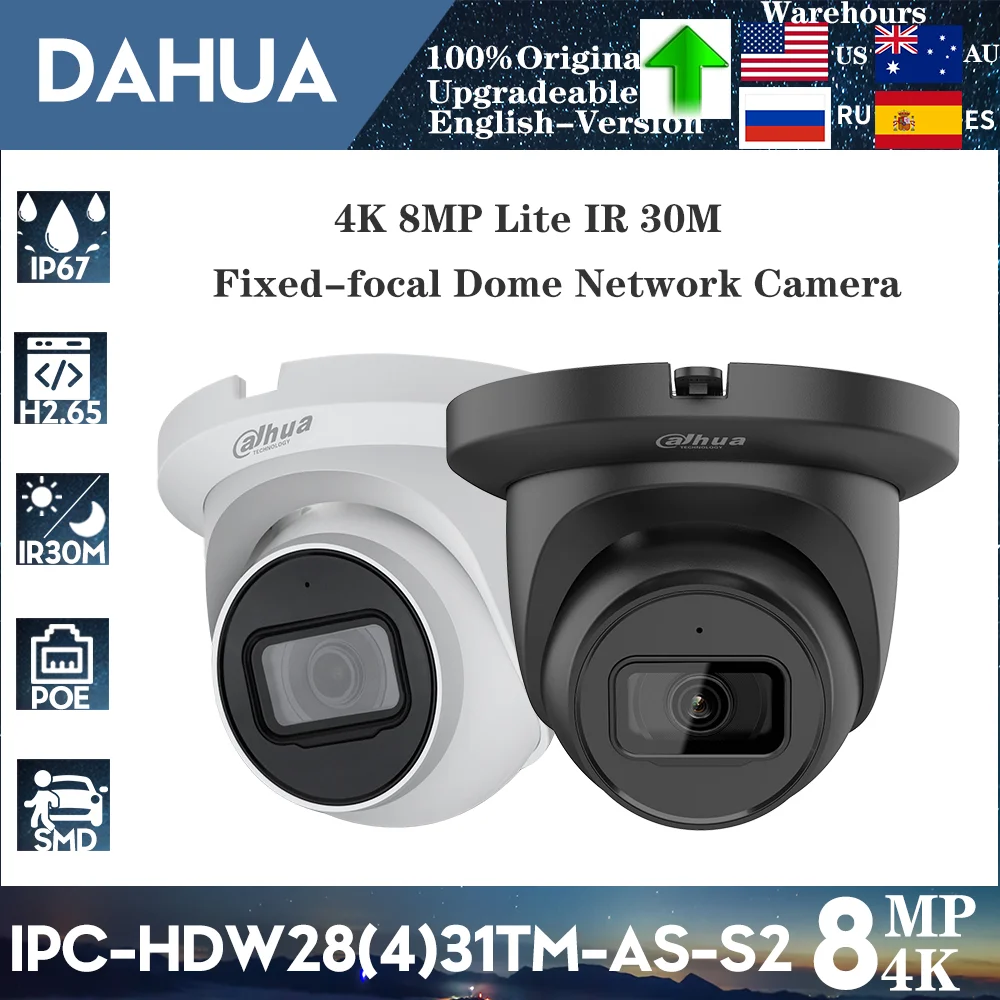 Оригинальная камера видеонаблюдения Dahua 4K, 8 Мп, стандартная, HD PoE IR IP67, встроенный микрофон, слот для SD-карты