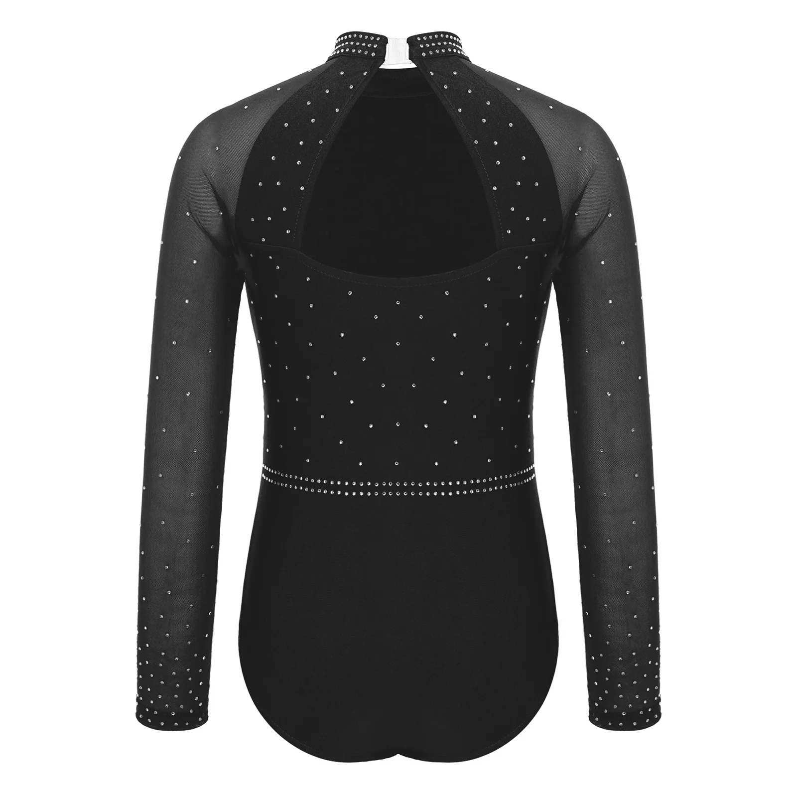 Body da ballo per bambina con ritaglio sul retro, maglia trasparente, maniche lunghe, incrocio sul davanti, strass scintillanti, body da ballo