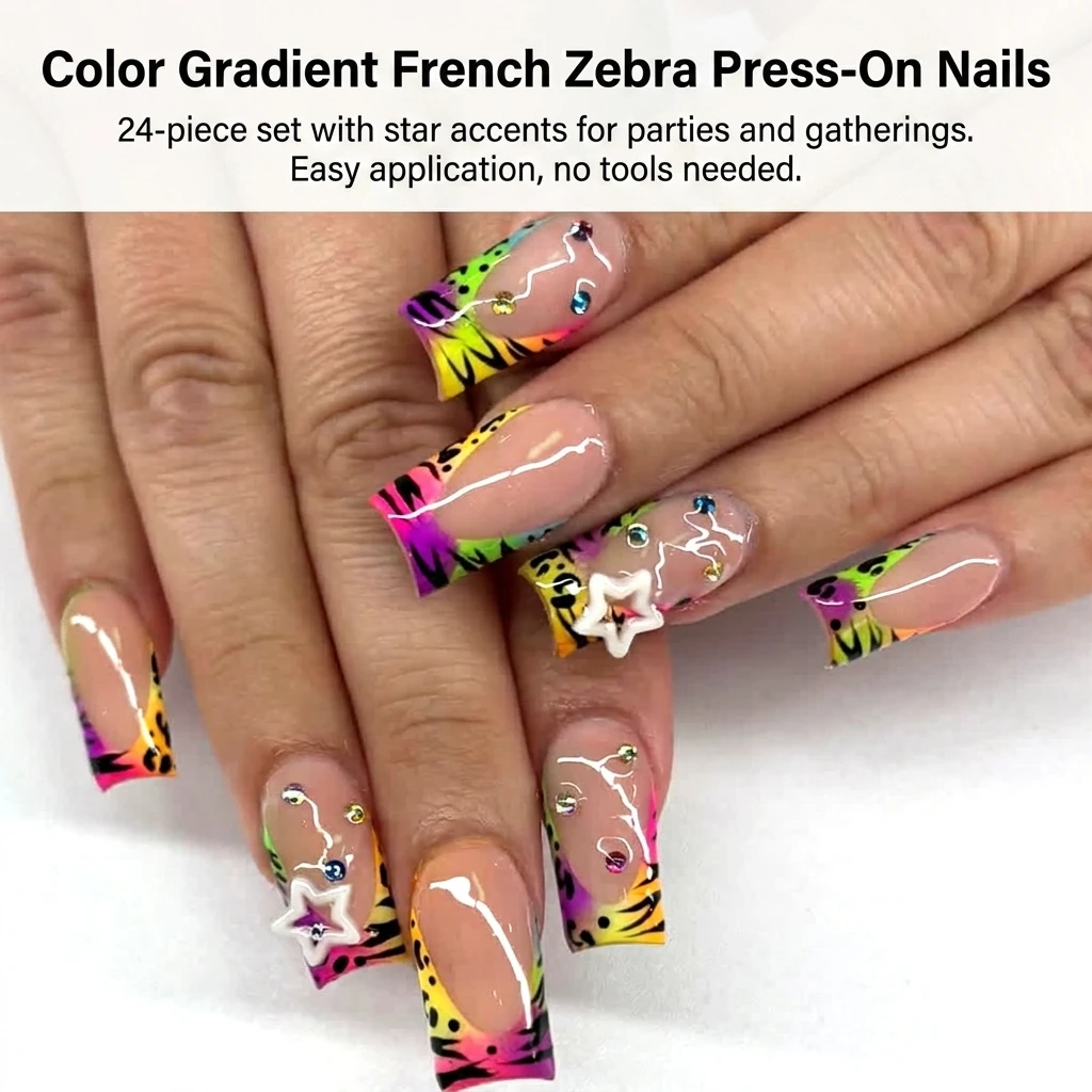 24 Stück Y2k Weiße Sterne Aufklebenägel Bunter Farbverlauf Französischer Stil Zebra-Bedruckte Künstliche Nägel Süße Coole Würzige Mädchen Fake Nails – Detail 6