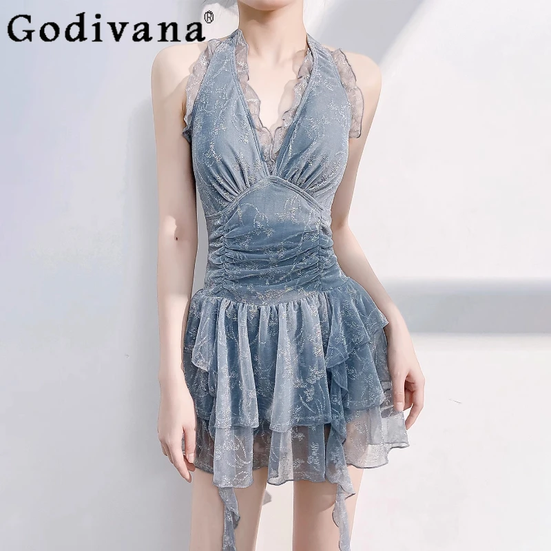 

New Blue Sexy V-neck Halter Neck Lace-up One-piece Swimsuit Girls Summer High Waist Vacation Seaside Backless Irregular Swimwear