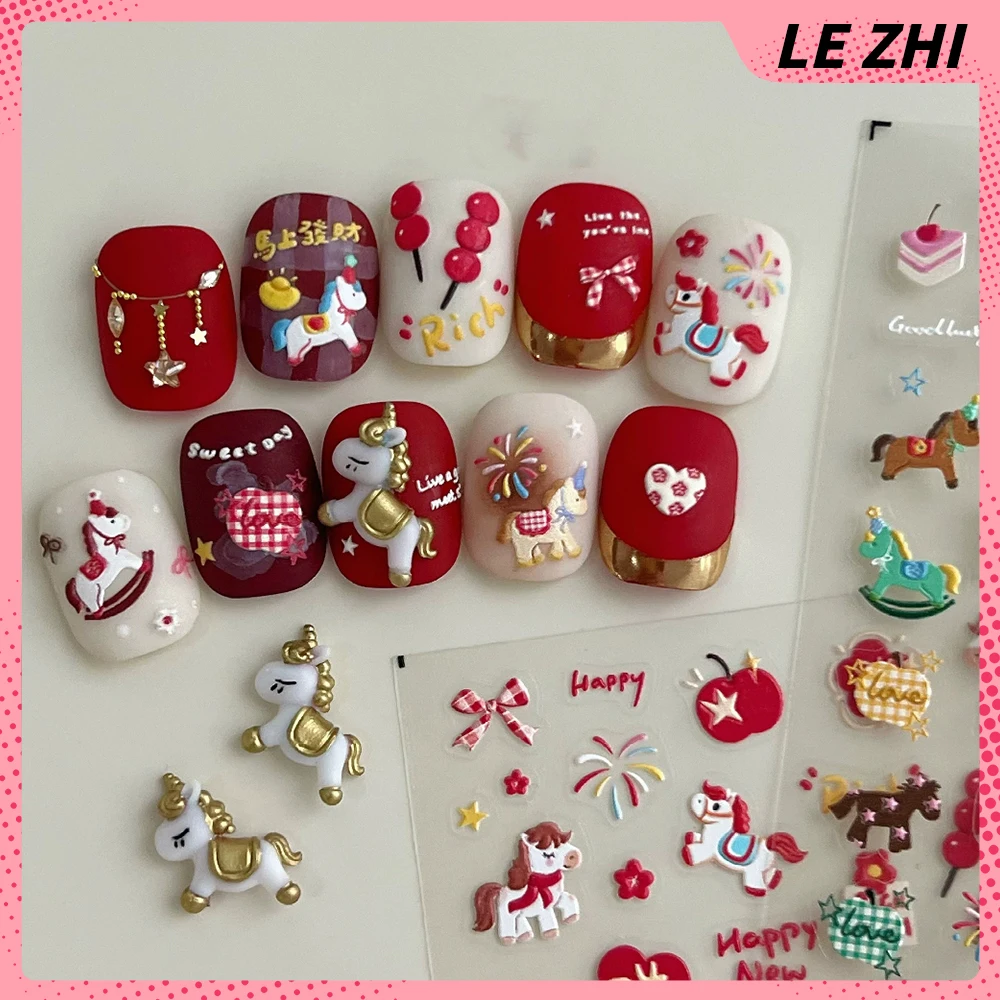 

1Pc Kawaii Red Series Horse Bear Self Adhesive Slider Pvc Manicure Sticker Bowknot Star Flower Apple Cherry Nail Art Sticker