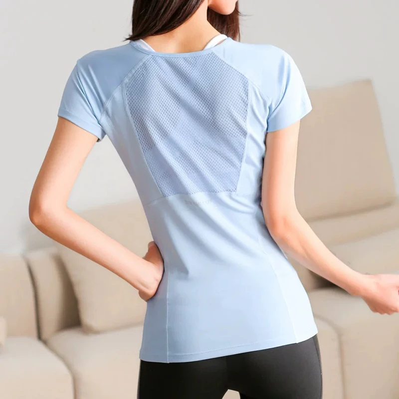 Damen-Sport- und Fitness-Kurzarmshirt, Rundhals-Pullover, atmungsaktives, schnelltrocknendes Mesh-Yoga- und Fitness-T-Shirt – Detail 6