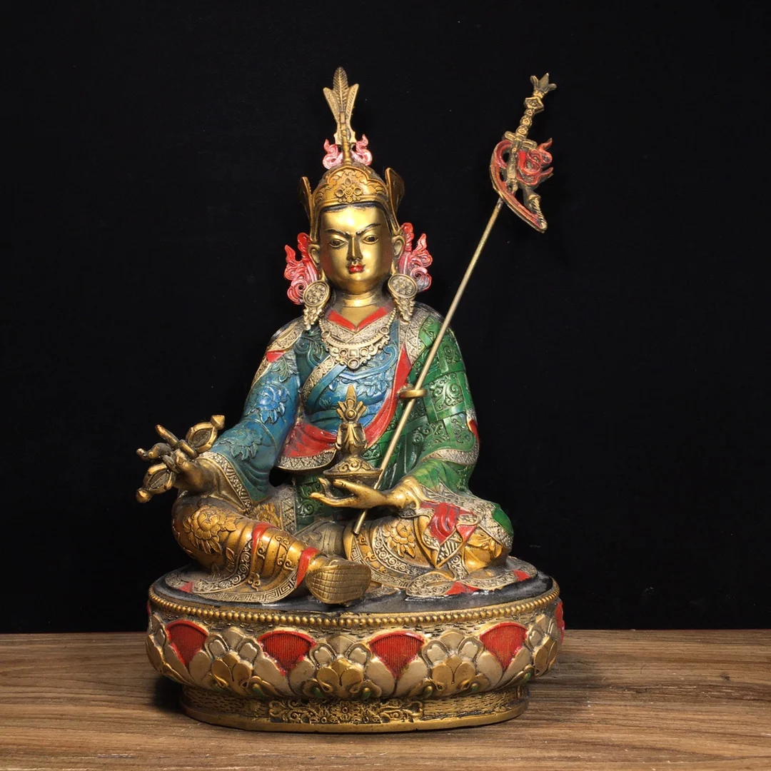 Pure copper painted Tibetan Buddhist lotus master 30cm high Length 18 centimeters, width 14 centimeters, weight 1590 grams