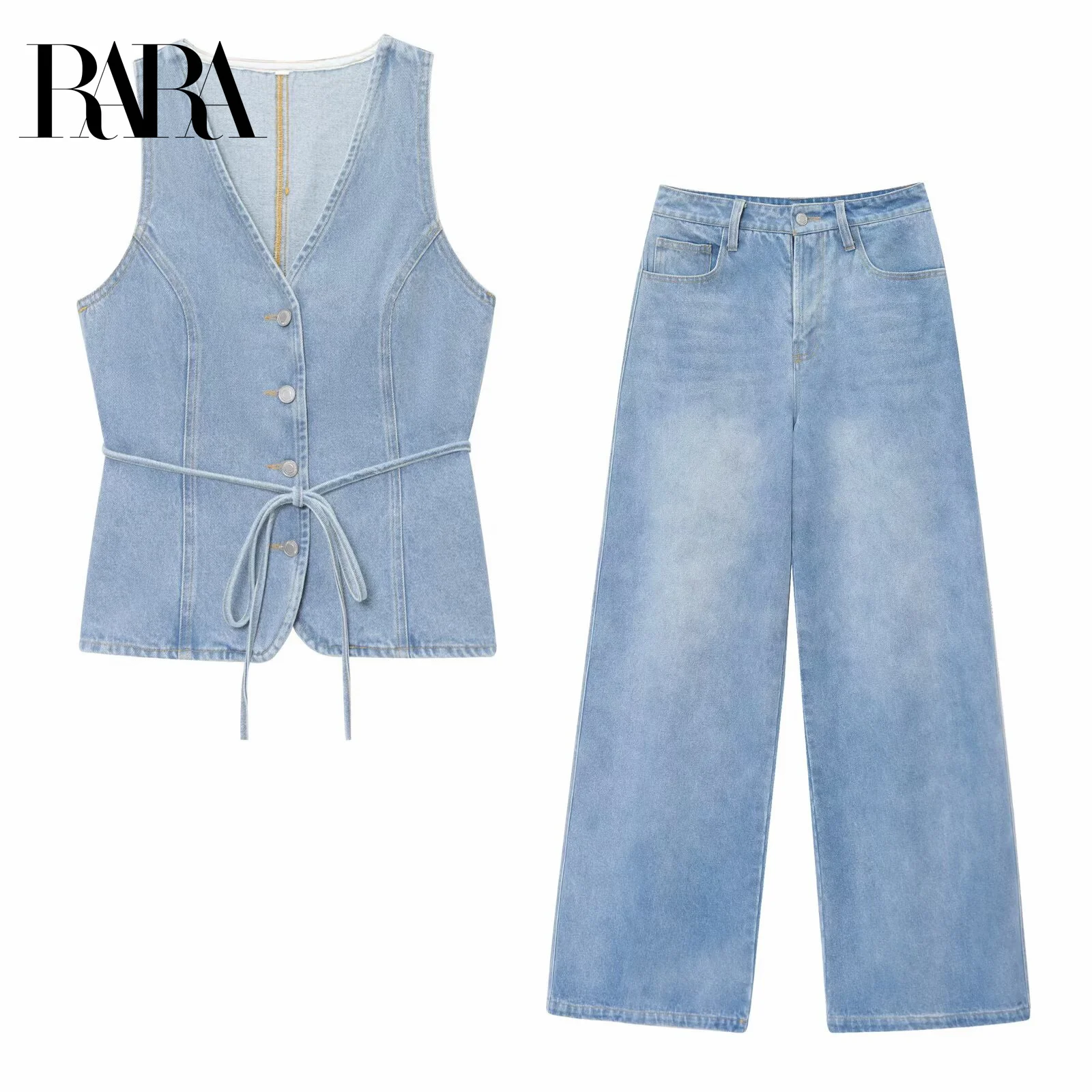 

RARA2025 summer new women's clothing V-neck sleeveless waist casual simple denim vest top + wide-leg long jeans