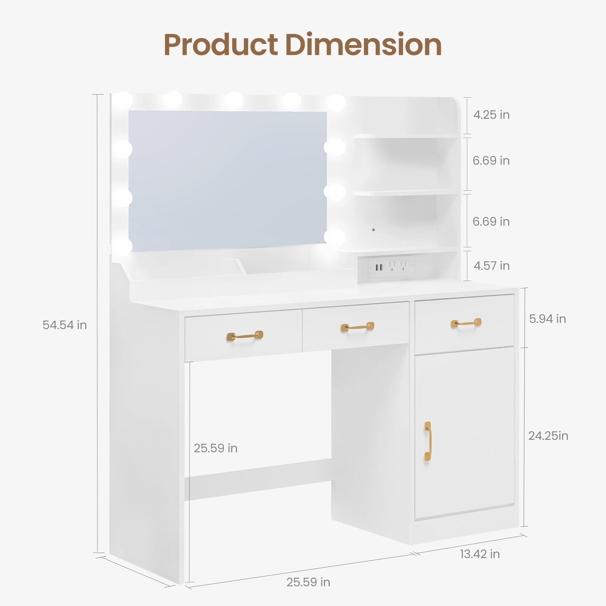 Vanity Desk with Lighted Mirror and Charging Station, Wooden Makeup Vanity Table with 11 Dimmable Bulbs, 3 Drawers, Cabinet, Open Shelves, Upholstered Storage Stool for Bedroom