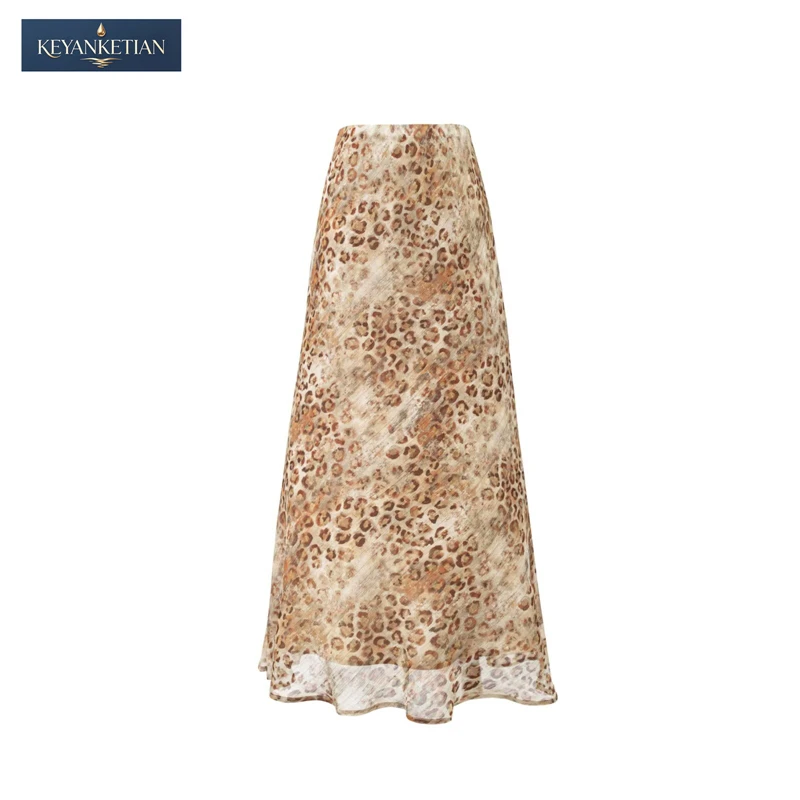 KEYANKETIAN 2026 Retro Safari-Inspired Flowy Maxi Skirt High Waist Watercolor Leopard Print, Chiffon Fabric Flared Hem Skirt