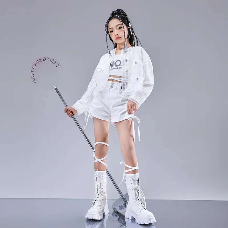 Teenager Kids Group Hip Hop Dance Performance Outfits Loose White Sequin Design Girls Jazz Walkout Clothes Set 10 12 13 14 Years