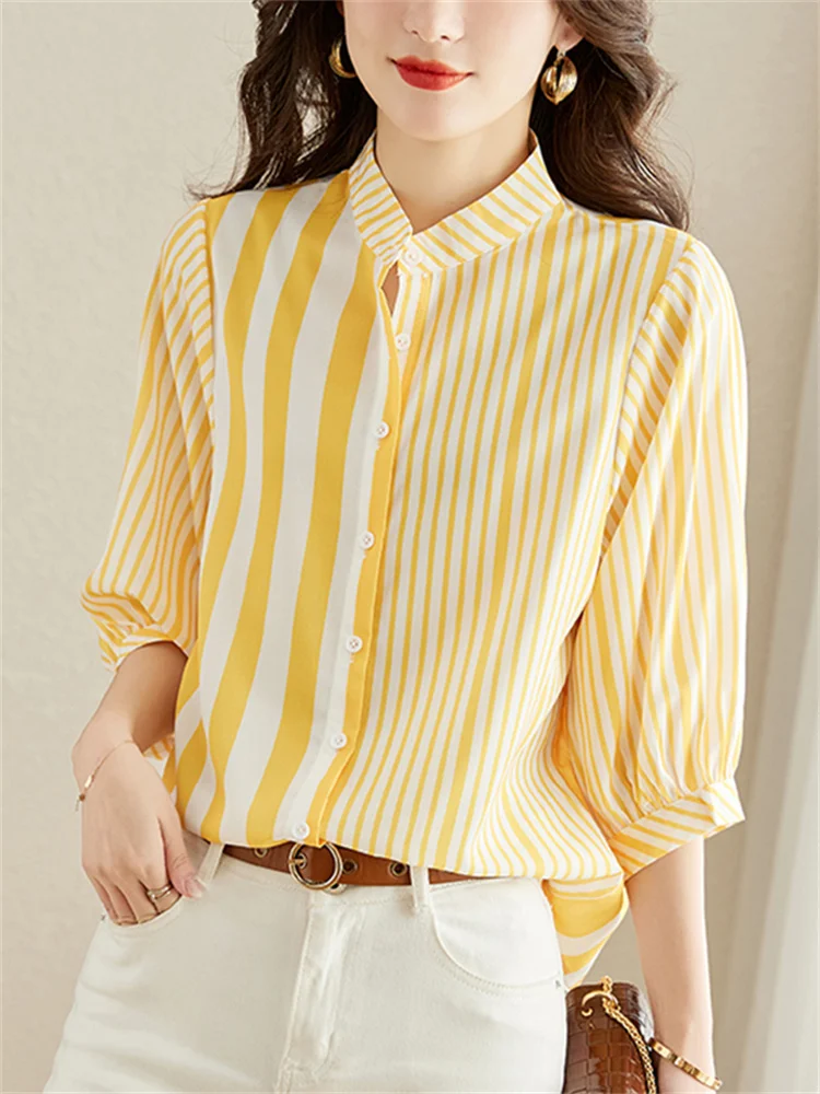 #3227 Yellow Vertrical Striped Shirts Women Stand Collar Sexy Three Quarter Sleeve Womens Tops And Blouses Thin Loose Summer