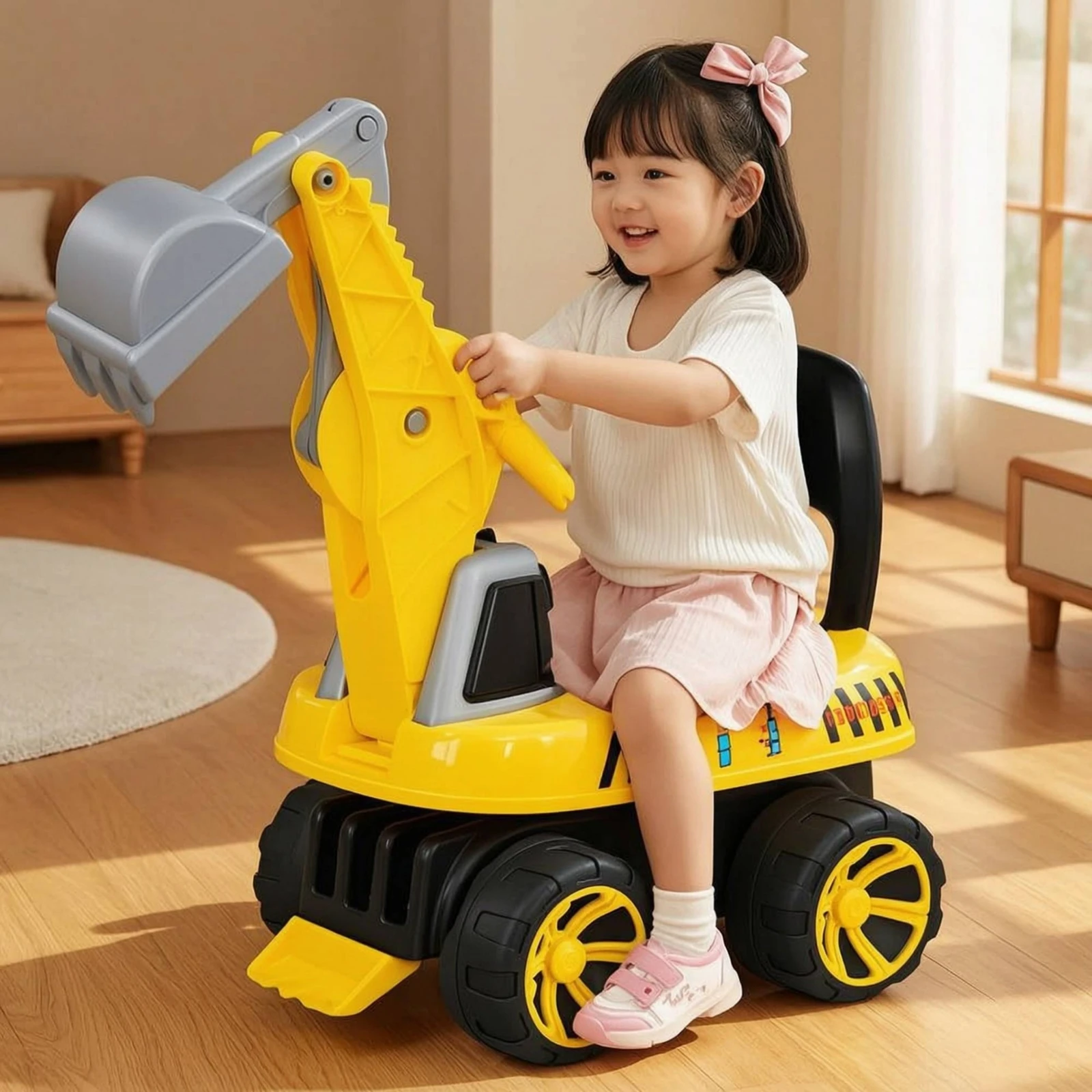 Pedal-Operated Excavator Anti-Tip Excavator with Rotating Scoop Digger Toy Musical Construction Vehicle Light-up for Toddlers