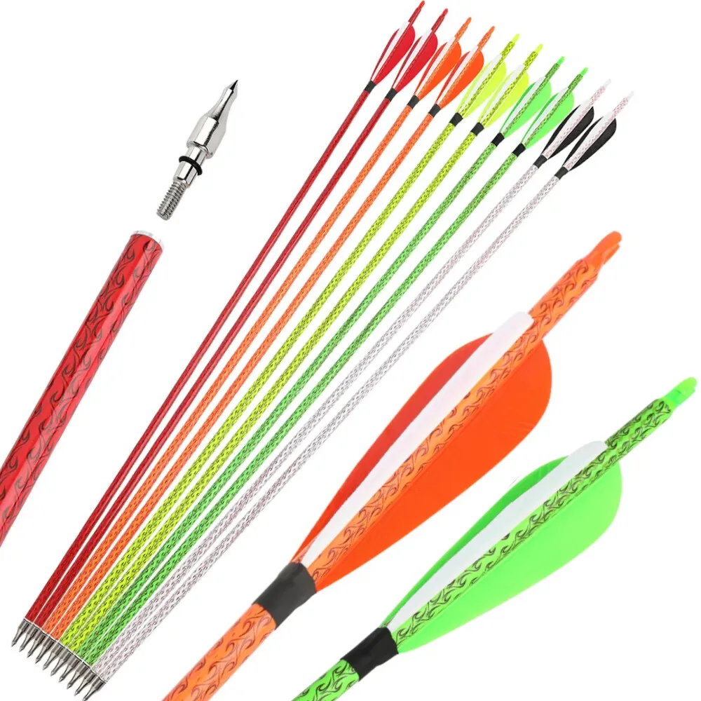 

6/12pcs Archery Spine 500 Mixed Carbon Arrow 3inch Rubber Vanes ID 6.2mm OD 7.8mm 100 grian Arrowhead Bow Shooting Hunting