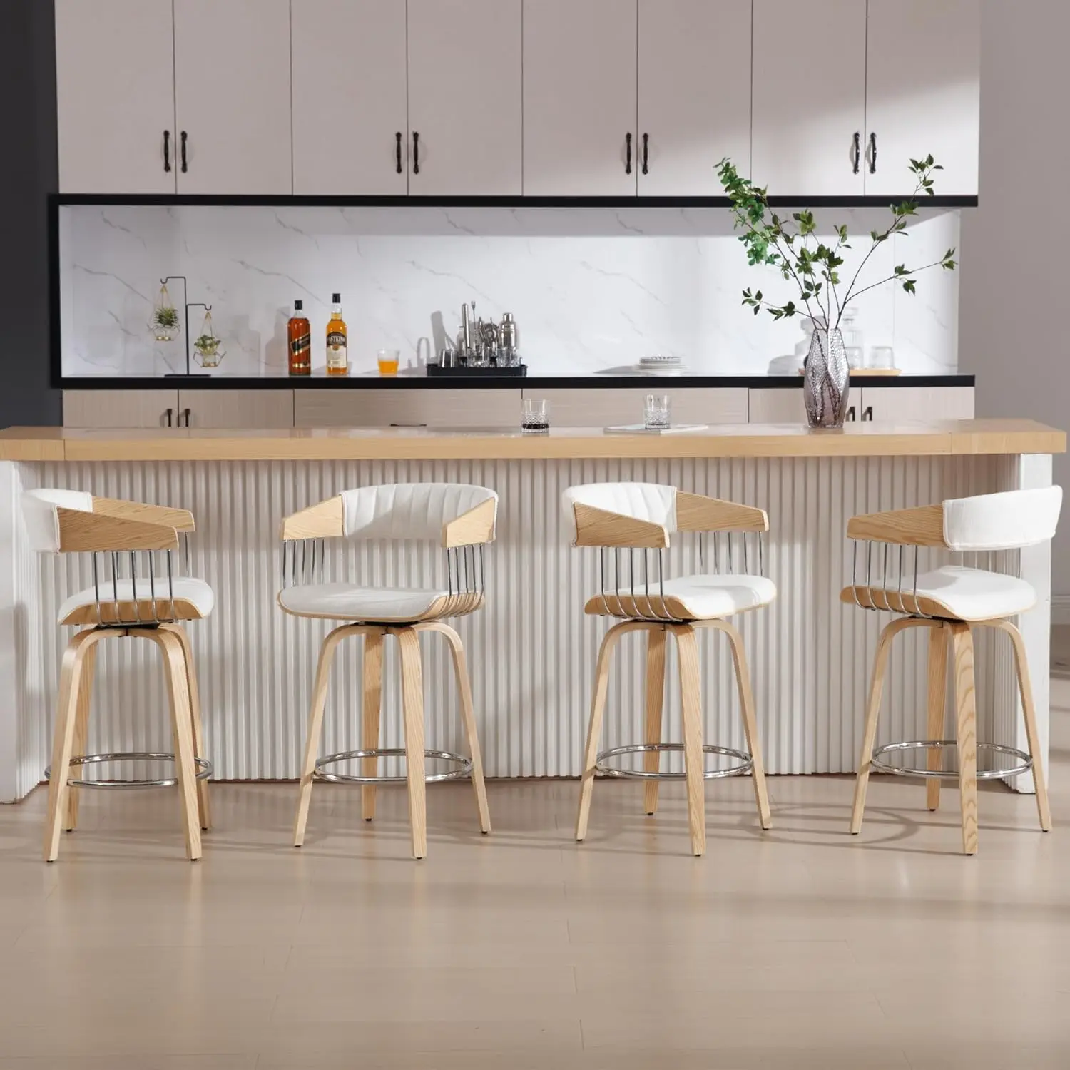 

26" Swivel Counter Stools Set Of 4 Upholstered With Back Wood Legs For Kitchen Island Bar Restaurant Linen Beige, Customized