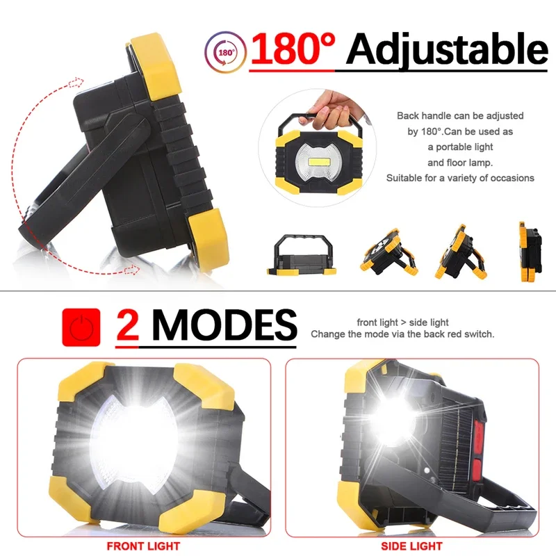 Proiettore da lavoro portatile Lampada da campeggio Lanterna Faretti Lampada solare da 50 W Torcia a LED ricaricabile USB Faretto