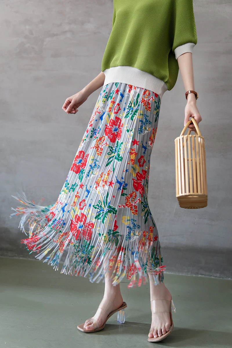 

HOT SELLING Miyake fold fashion pleated print skirt straight Tassels skirt IN STOCK