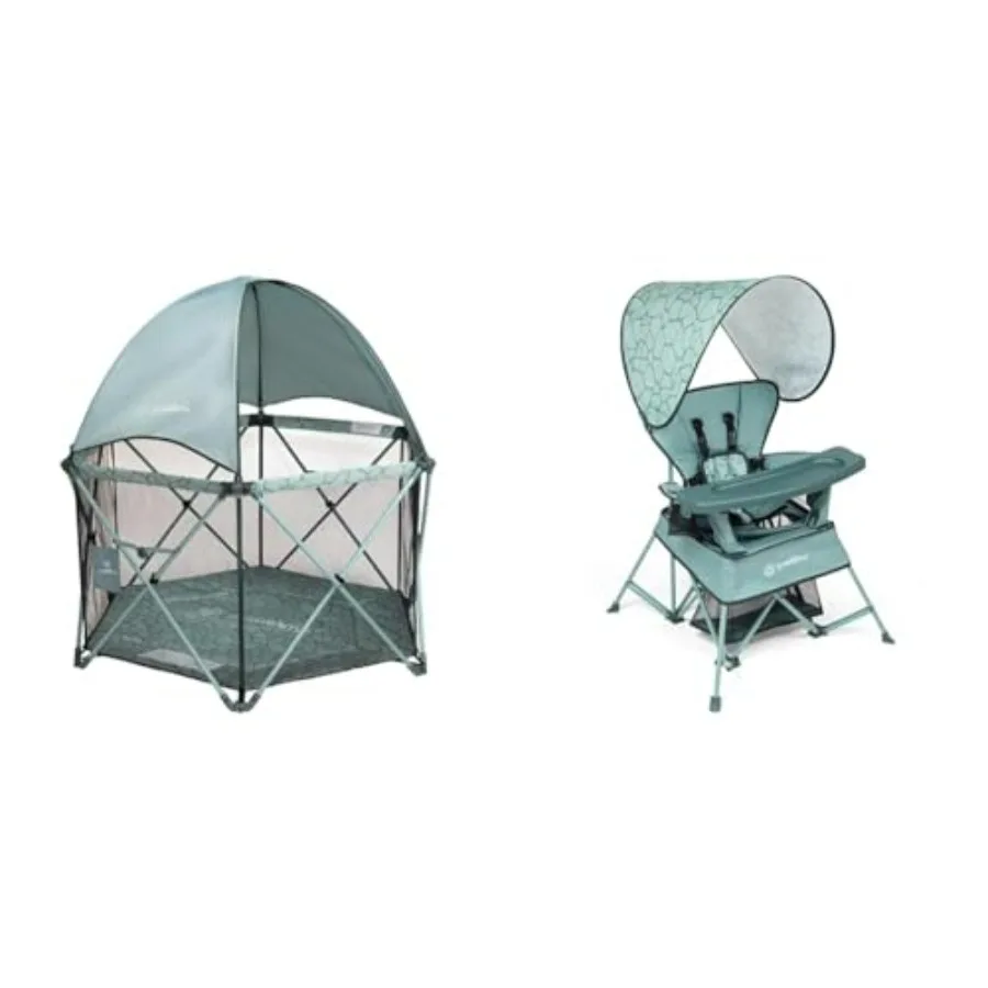 Conjunto de pátio e cadeira portátil para famílias OntheGo: cercadinho de eclipse de luxo com dossel solar, arnês de chão acolchoado, segurança interna