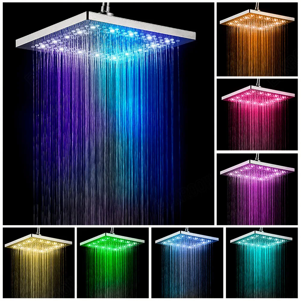 NEW Bath Shower Head Square Faucet LeD Stainless Steel Shower Rainfall Rain Shower Head High Pressure Rainshower Self-Discolori