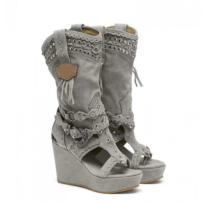 Women Boots Trendy Long Metal Decoration Flocking 10cm Wedge High Heel Pointed Fashion Sandals Heightening Light Blue 2