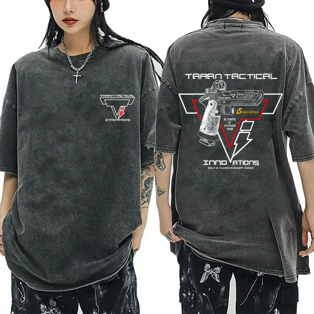 

Hot Taran Tactical Pistol Print Super Elastic Washed T Shirts Male Oversized Streetwear Men Women Fashion Vintage Cotton T-shirt