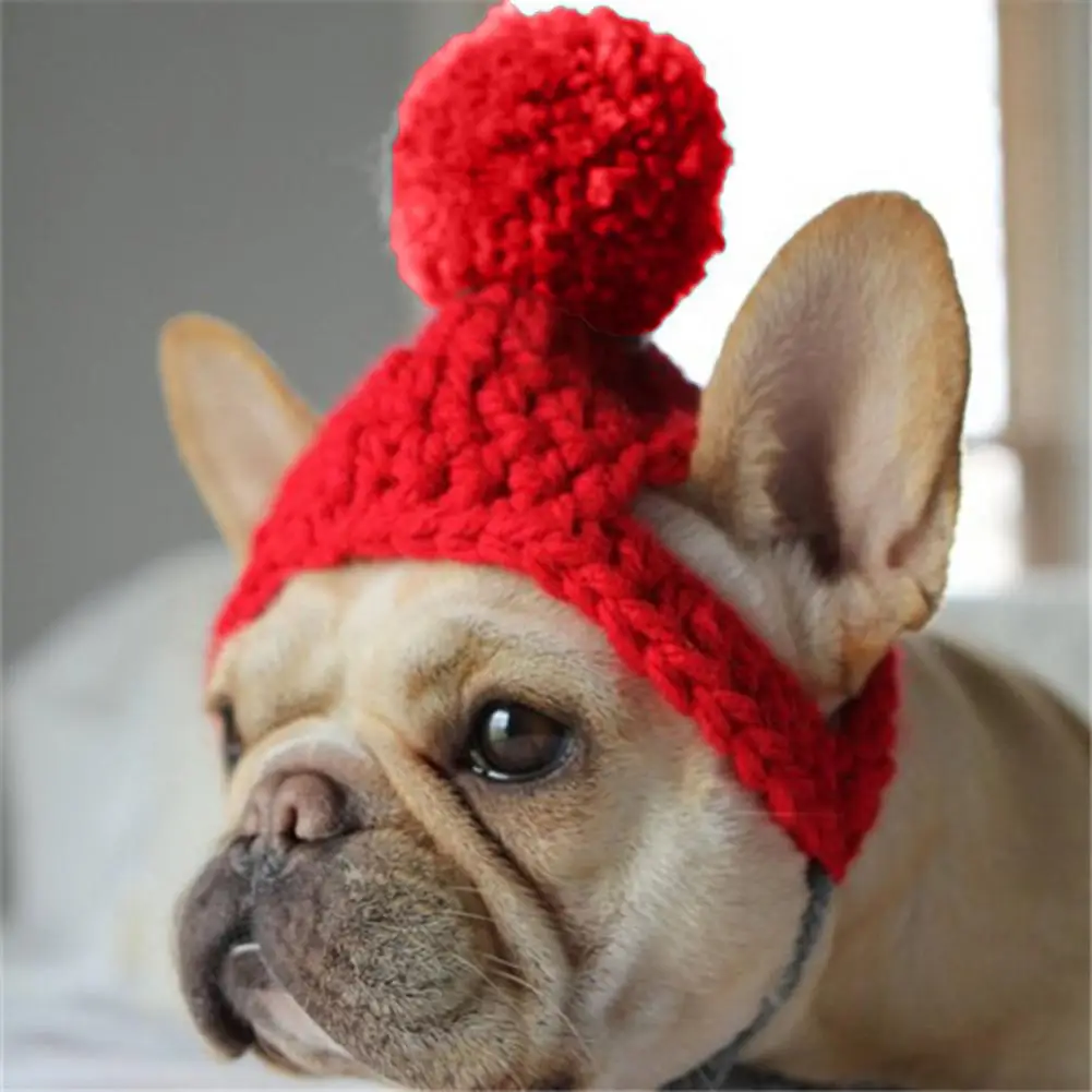 Pet Hat with Ball Knitted Warm Solid Color Fixing String Outdoor Pet Hat Winter Accessories