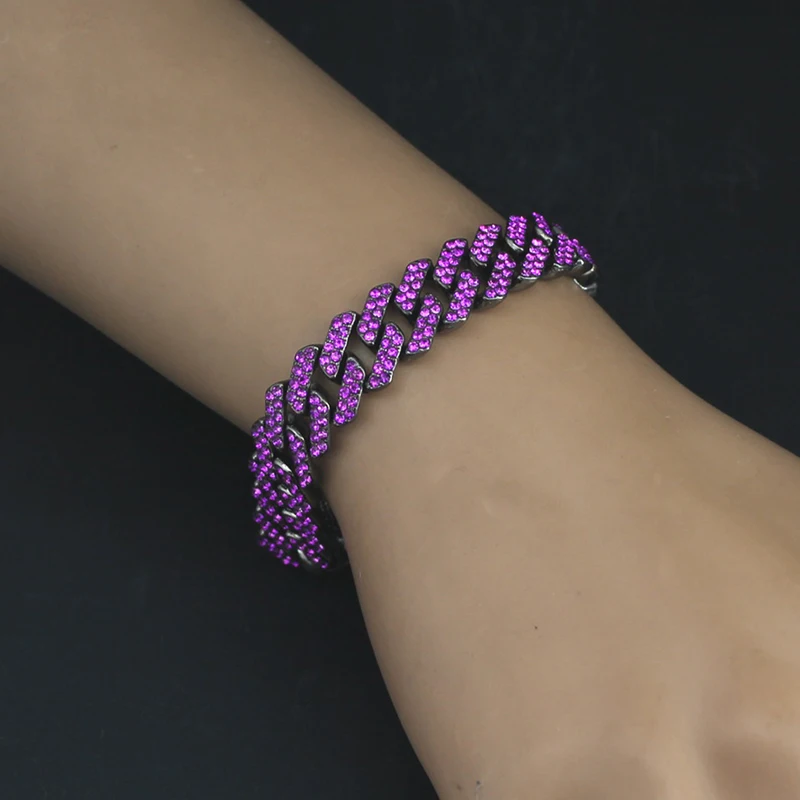 HipHop Men Women Purple Bracelet Black Color Plated Rhinestone Cuban Link Chain Bracelets Wristband Fashion Jewelry Gift