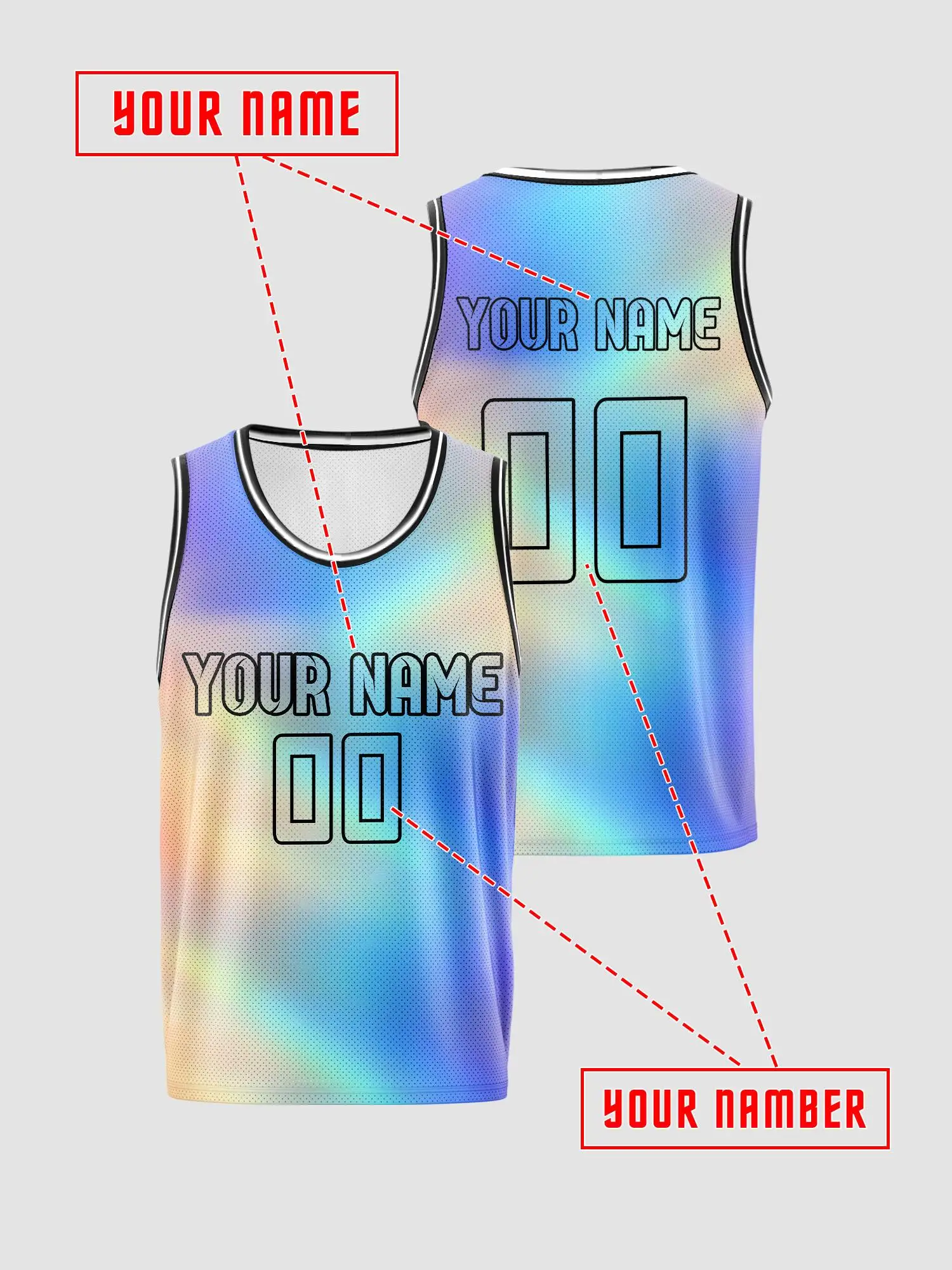 Iridescent Rainbow‑Gradient Custom Kids Basketball Jersey, Trendy Breathable Mesh Tank With Personalized Print