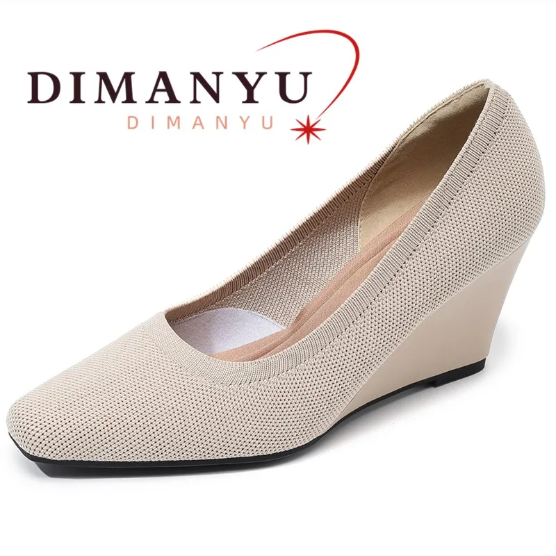 

AIYUQI Square Toe Wedge Women's Shoes 2026 Spring Knitted High Heels Breathable Large Size Women's Shoes