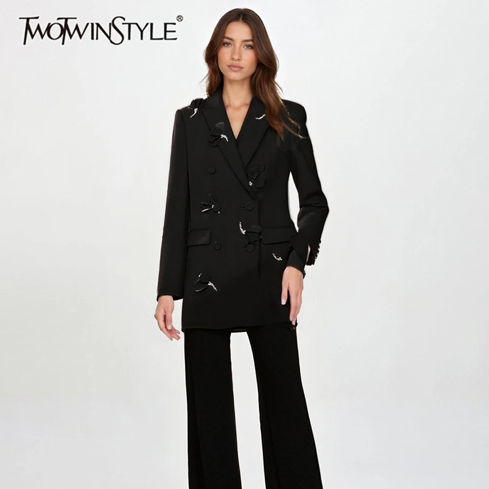 

TWOTWINSTYLE Temperament Two Piece Sets for Women Lapel Long Sleeves Spliced Appliques Blazer High Waist Pant Set Female Fashion