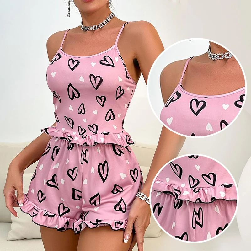 Womens\' Summer Ice Silk Pink Printed Love Pajama Sexy Strap Shorts Home Clothes Set