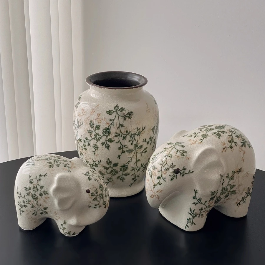 Handmade Crackle Glaze Ceramic Elephant Statue - Vintage Cracked Texture Home Decor Lucky Fortune Elephant Figurine Gift