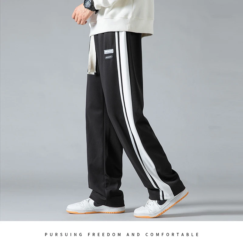 

Korean Fashion Casual Sports Men Pants Trendy Wide Leg Pants Men Stripe Elastic Waist Drawstring Pockets Loose Straight Trousers