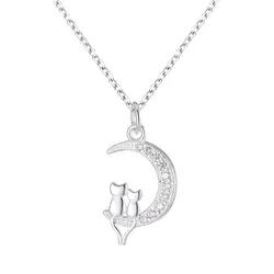 NEW European AAA CZ Moon Cat Wishes 100% S925 Sterling Silver Necklace Chain For Women Birthday Party Gift Jewelry