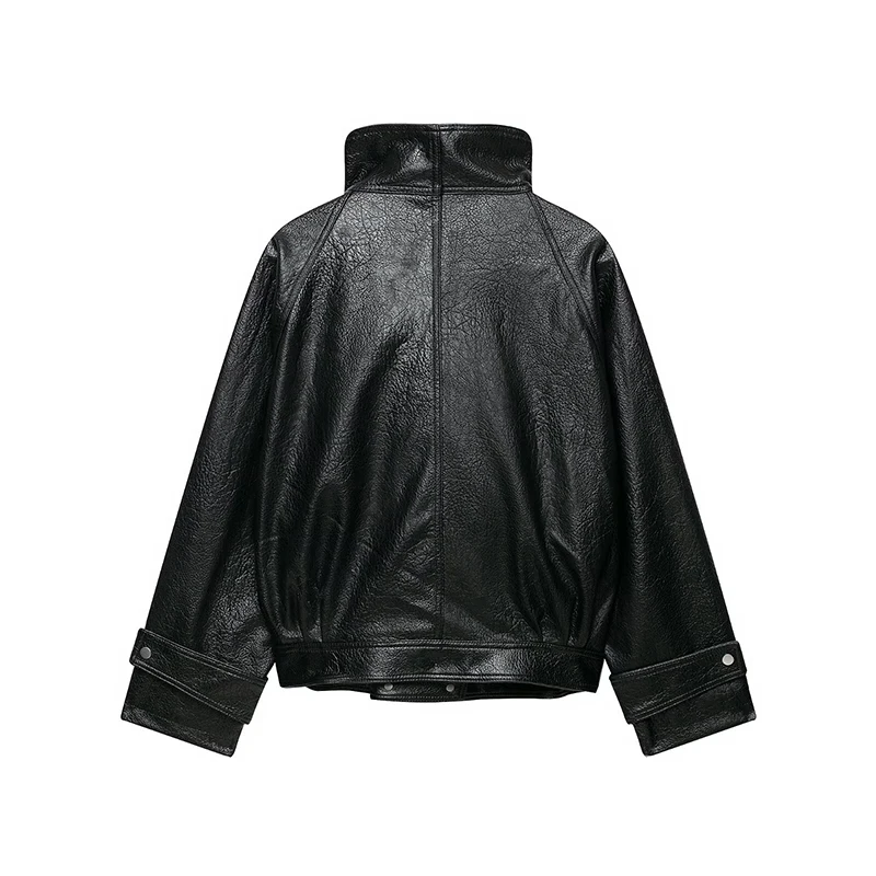 YENKYE European American Style Women Black Faux Leather Biker Jacket Autumn Winter Long Sleeve Loose Cool Motorcycle Coat