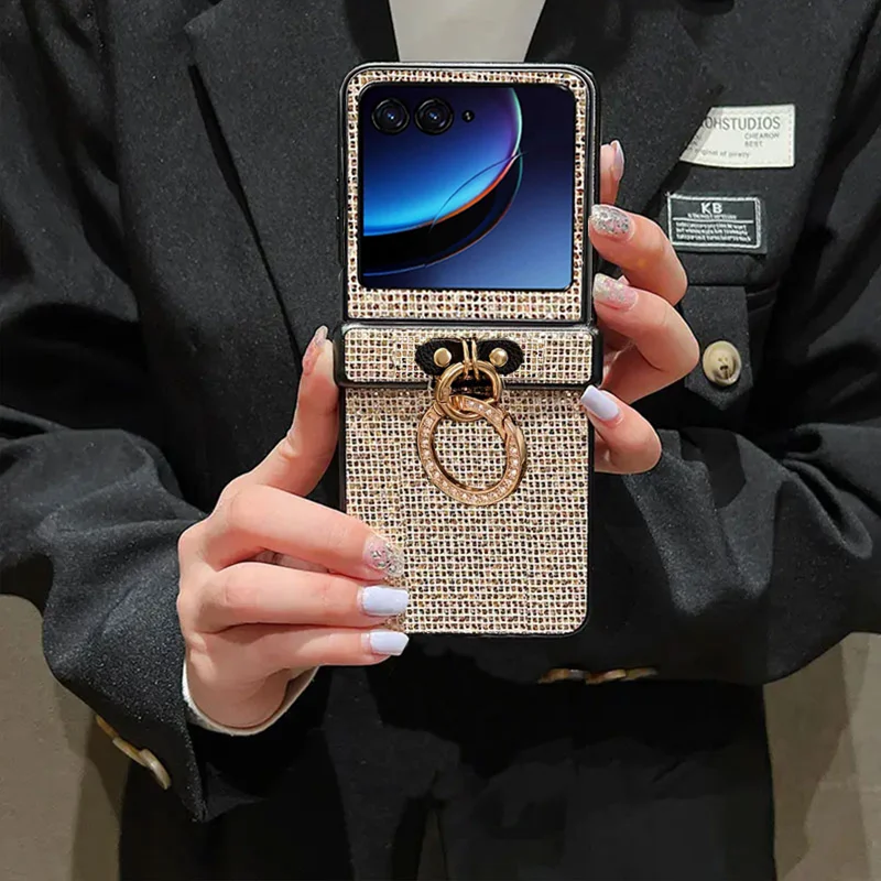 الفاخرة خاتم الماس مشبك لامعة جراب هاتف ل Moto Razr 50 60 Ultra 2025 + 2024 بريق ard PC للصدمات الغطاء الخلفي