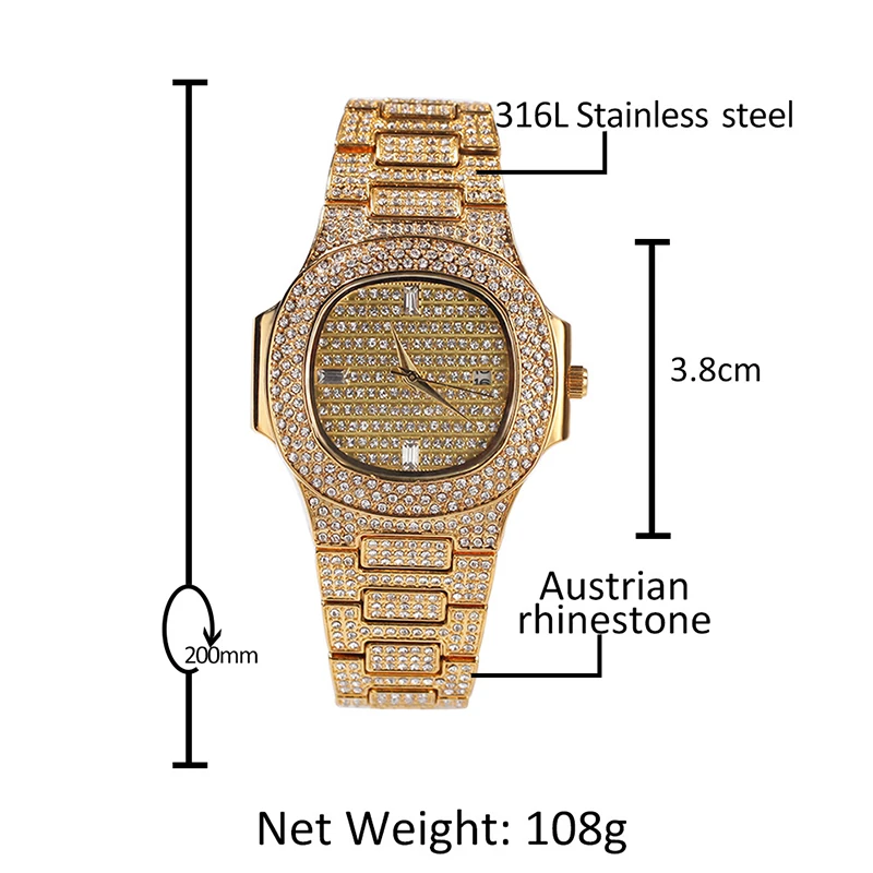 Hip Hop Mens Date Quartz Watch Waterproof Watches Bling Iced Out Stainless Steel Round Club Watch for Men Charm Jewelry