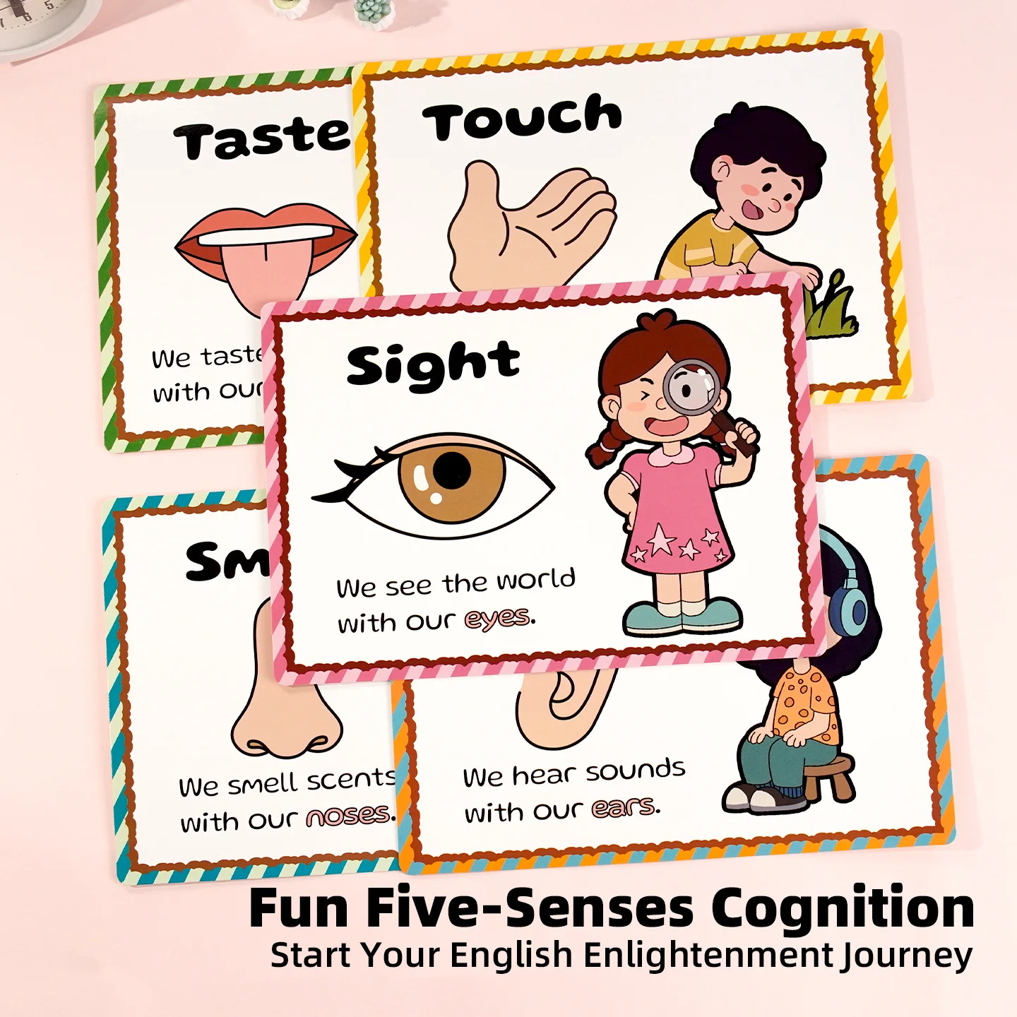 5 Sheets Kids Five Senses Educational Posters Sight Hearing Smell Taste Touch Learning Cards Preschool Visual Teaching Aids