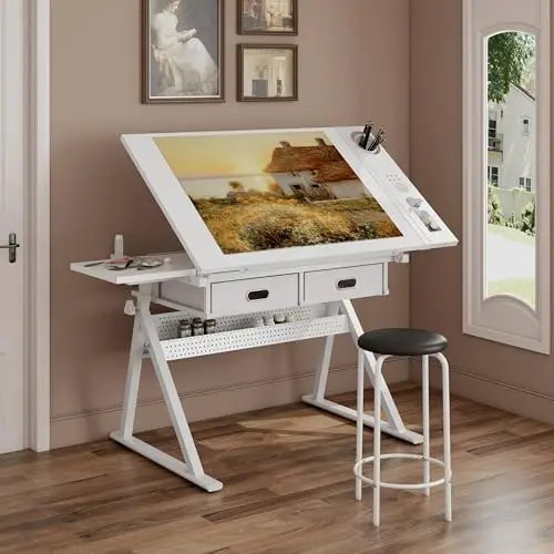 Height Adjustable Drafting Table with Stool, Drawing Art Desk with 2 Drawers, Artist Table with 75° Tilted Tabletop