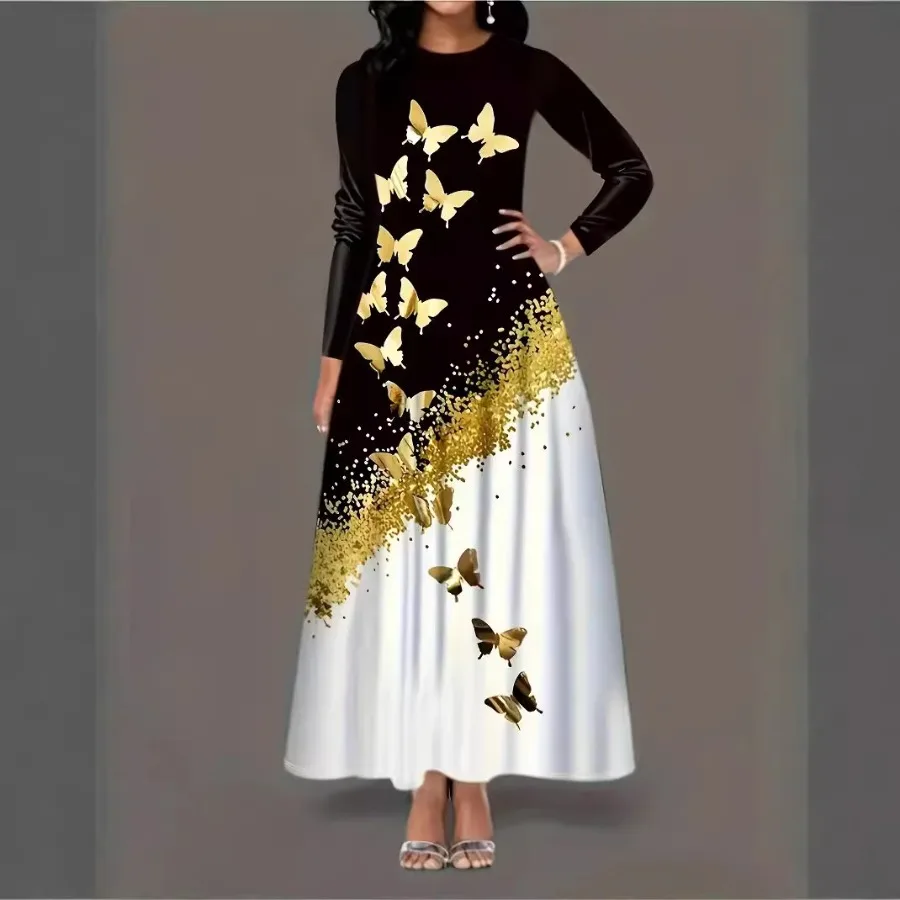 

【New style】European and American fashion women's clothing autumn and winter butterfly print long-sleeved dress pocket temperame
