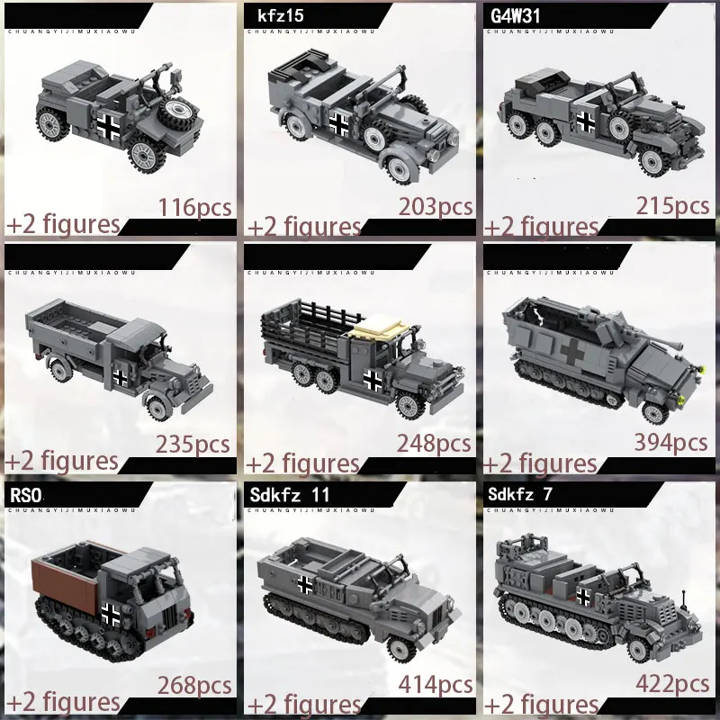 

MOC WW2 Military Heavy Tank Transport Vehicle Building Blocks Figures War Rocket Launcher Car Army Weapon Cannon Model Brick Toy