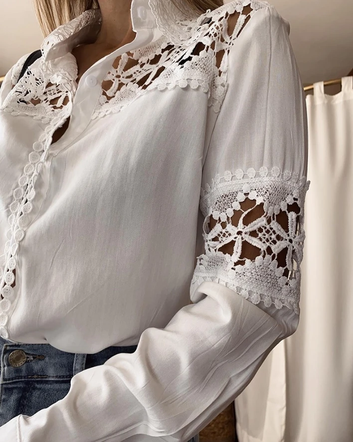 Elegant Women's T-Shirt Polo Collar Autumn Lace Hollow Patch Button Long Sleeved Shirt Top Casual Sexy Urban Loose Women's Shirt