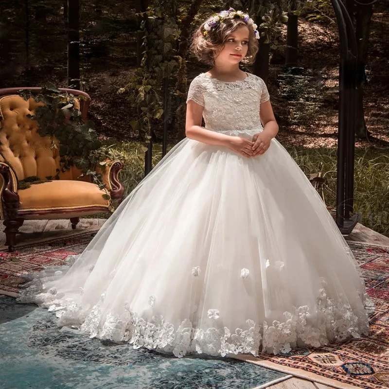 Ivory Flower Girl dress tulle Short sleeve Lace appliques kids formal occasion Can bespoke legant luxury princess wedding gown