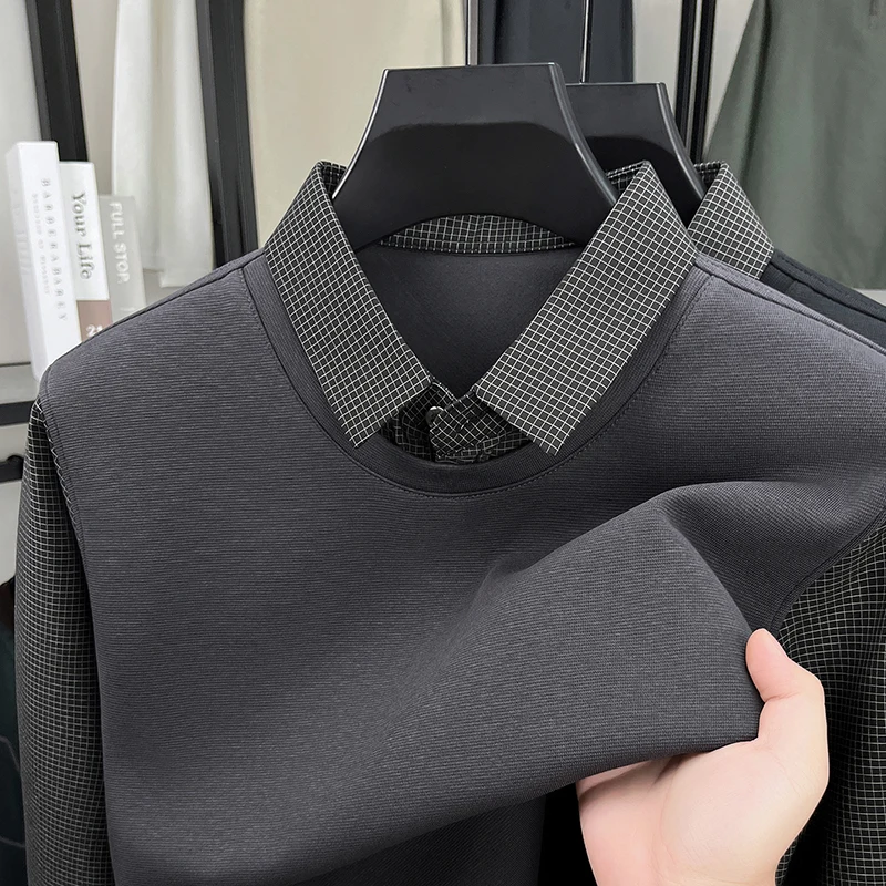 Summer New Men'S Fashion Trend Loose Fake Two-Piece Men'S High-Quality Comfortable Versatile Casual Large Size Long-Sleeved Tops