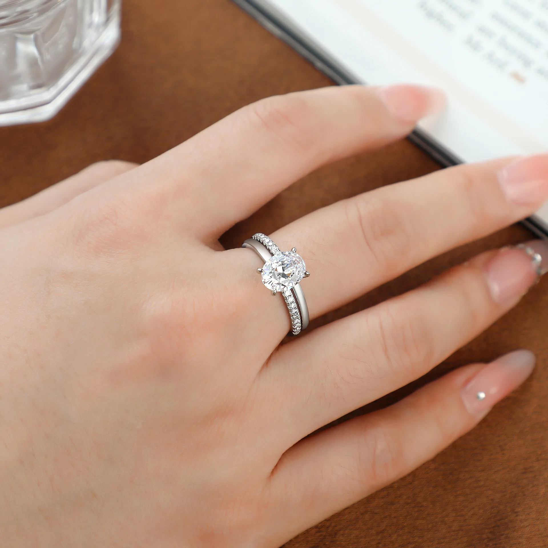 Hot selling 100% S925 pure silver 2ct7 * 9 zircon pigeon egg ring set silver ring set silver jewelry wedding jewelry