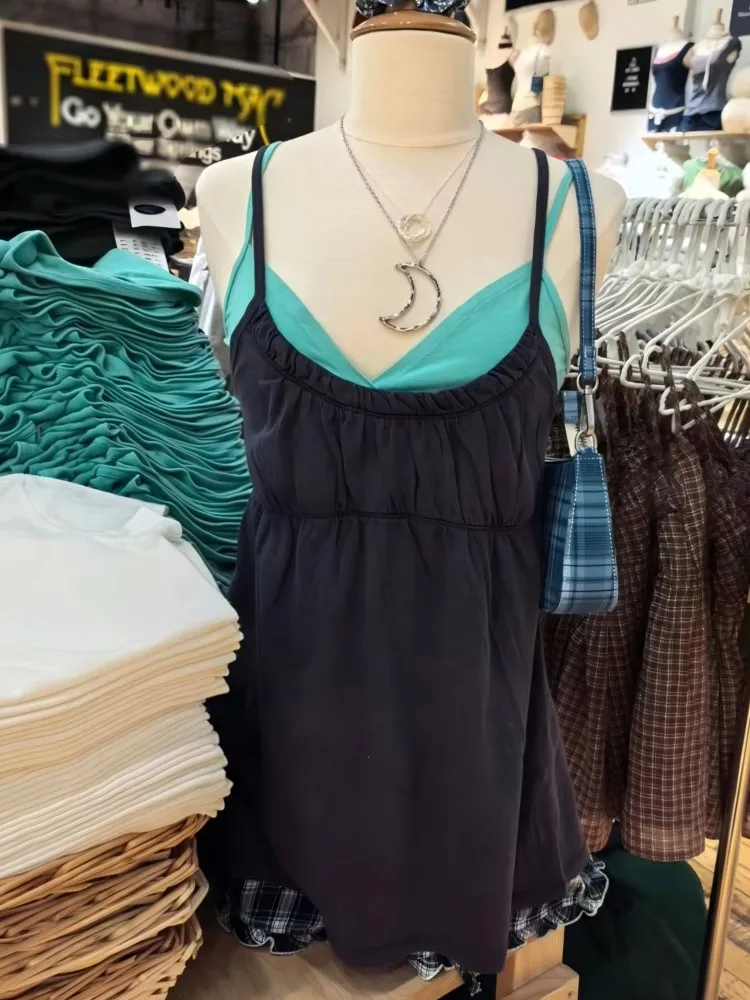 Vintage Strap Backless Camisole Women Summer Streetwear Cotton Shirring Sleeveless Vests Sweet Preppy Style Navy Tank Tops Y2K