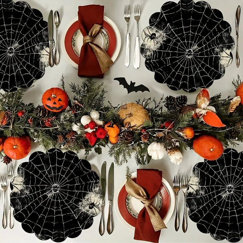 VIKAMA Retro Aged Black Spider Web Placemat - Heat Resistant Fabric Table Mat, Gothic Halloween Party Table Decoration
