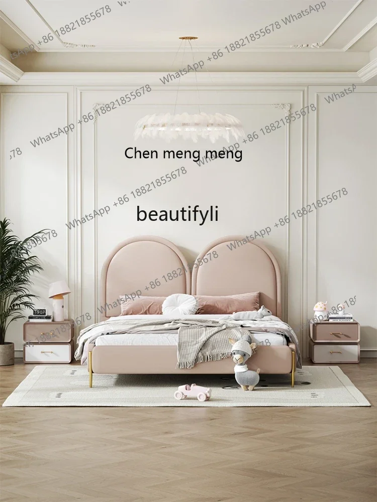 

ss7304 Girls Pink Solid Wood Bed Modern Simple Leather Bed Light Luxury Cartoon Soft Bag Princess Bed