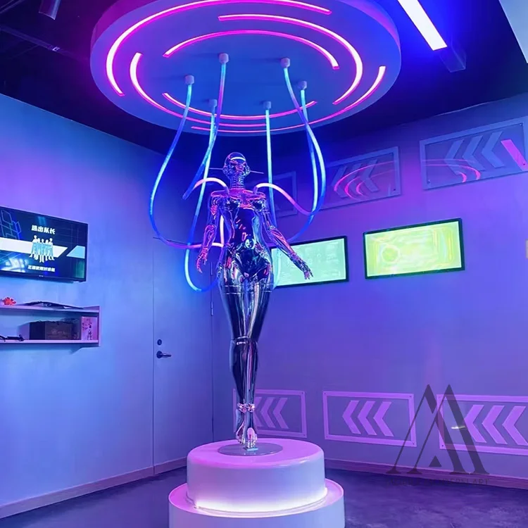 Futuristic Female Robot Statue with Wings Neon LED Light Cyberpunk Angel Sculpture for High-End Bar Nightclub Decor