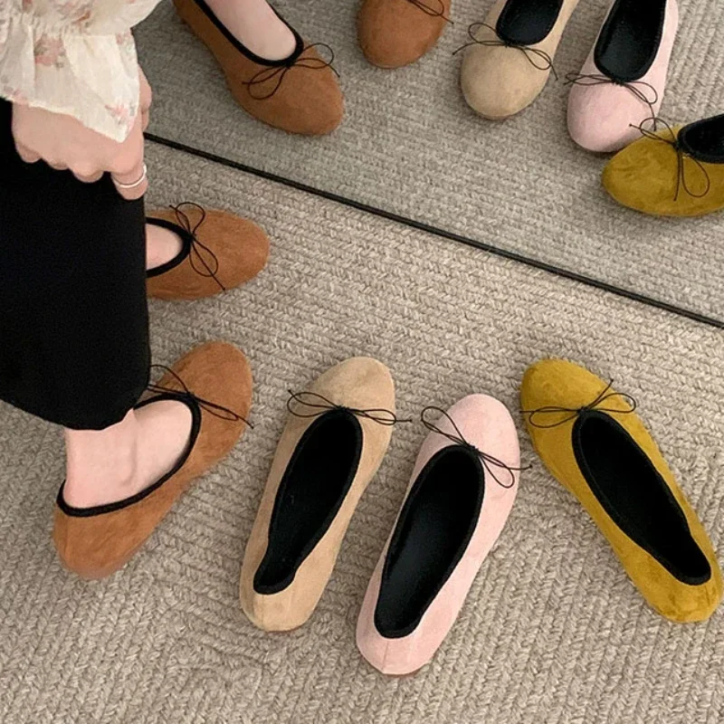 Sepatu balerina wanita datar, Gaun kasual ujung bulat simpul kupu-kupu Slip on, sepatu balerina lembut datar 2024