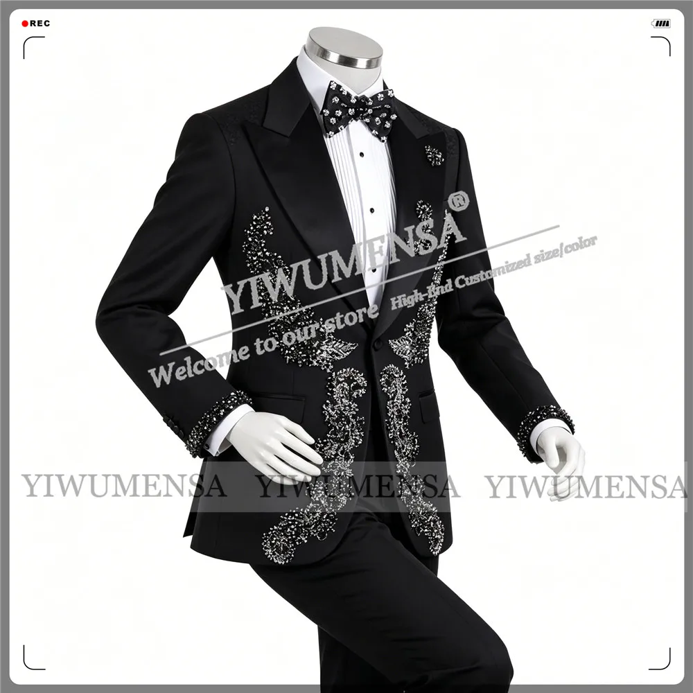 Exclusive Wedding Suits For Men Slim Fit Beaded Stones Jacket Trousers 2 Pieces Sets Groom Formal Wear Tuxeods Customized Outfit