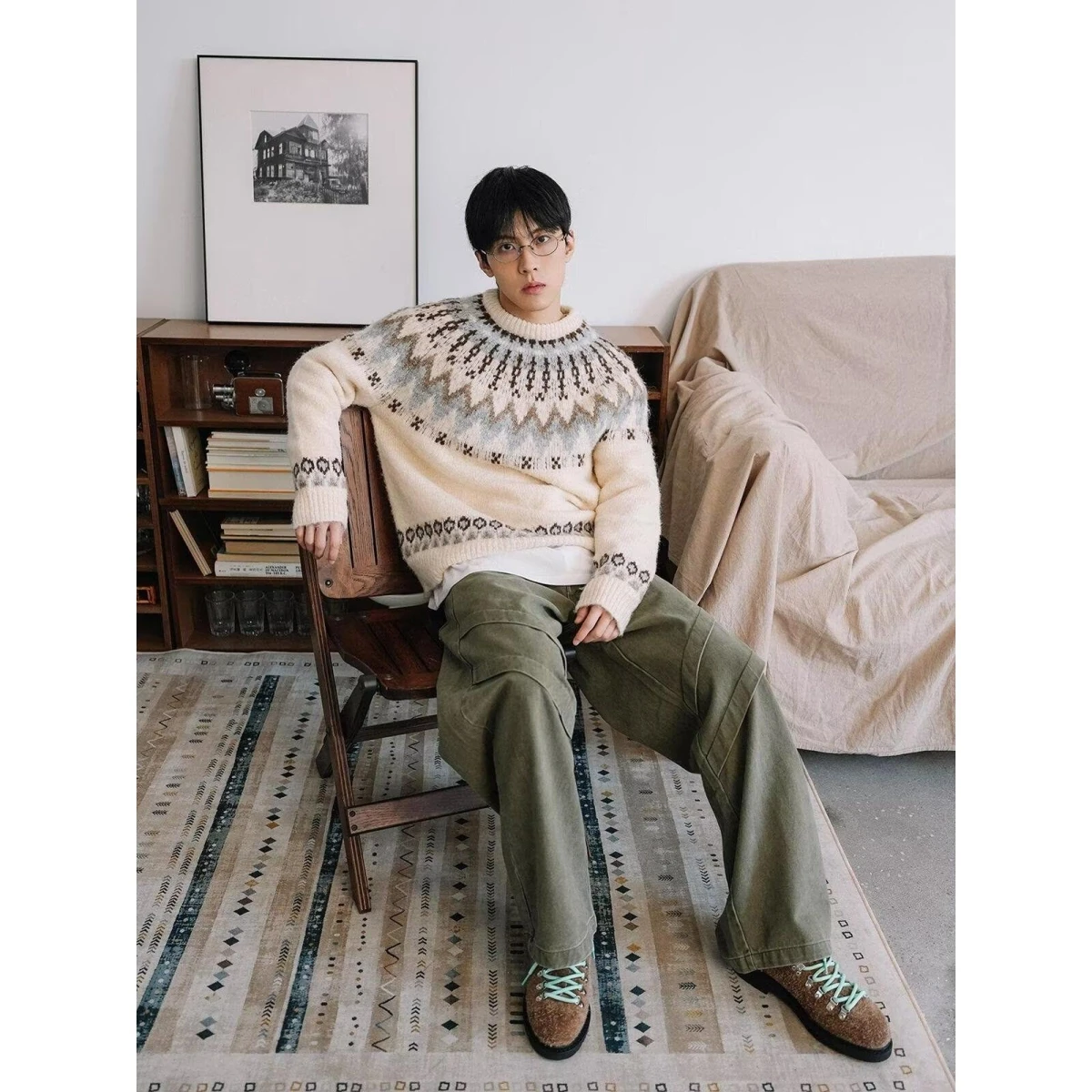 

American Sle V-Ne Knitted Sweater Cardigan Men's Color Casual Loose Fit Winter Outerwear Polyester Fiber