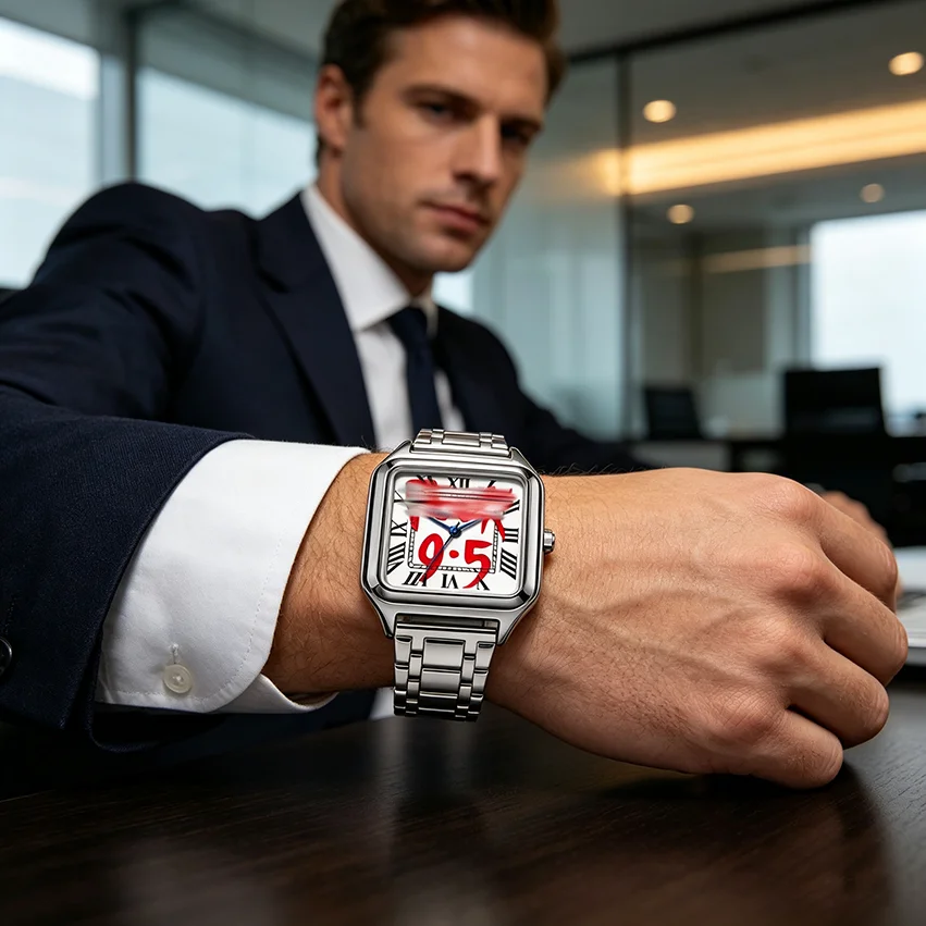 Ladies' Men Square Luxury Watch, Slogan Text on the Large Dial, 30-Meter Water Resistance, Elegant Design, Stainless Steel Strap