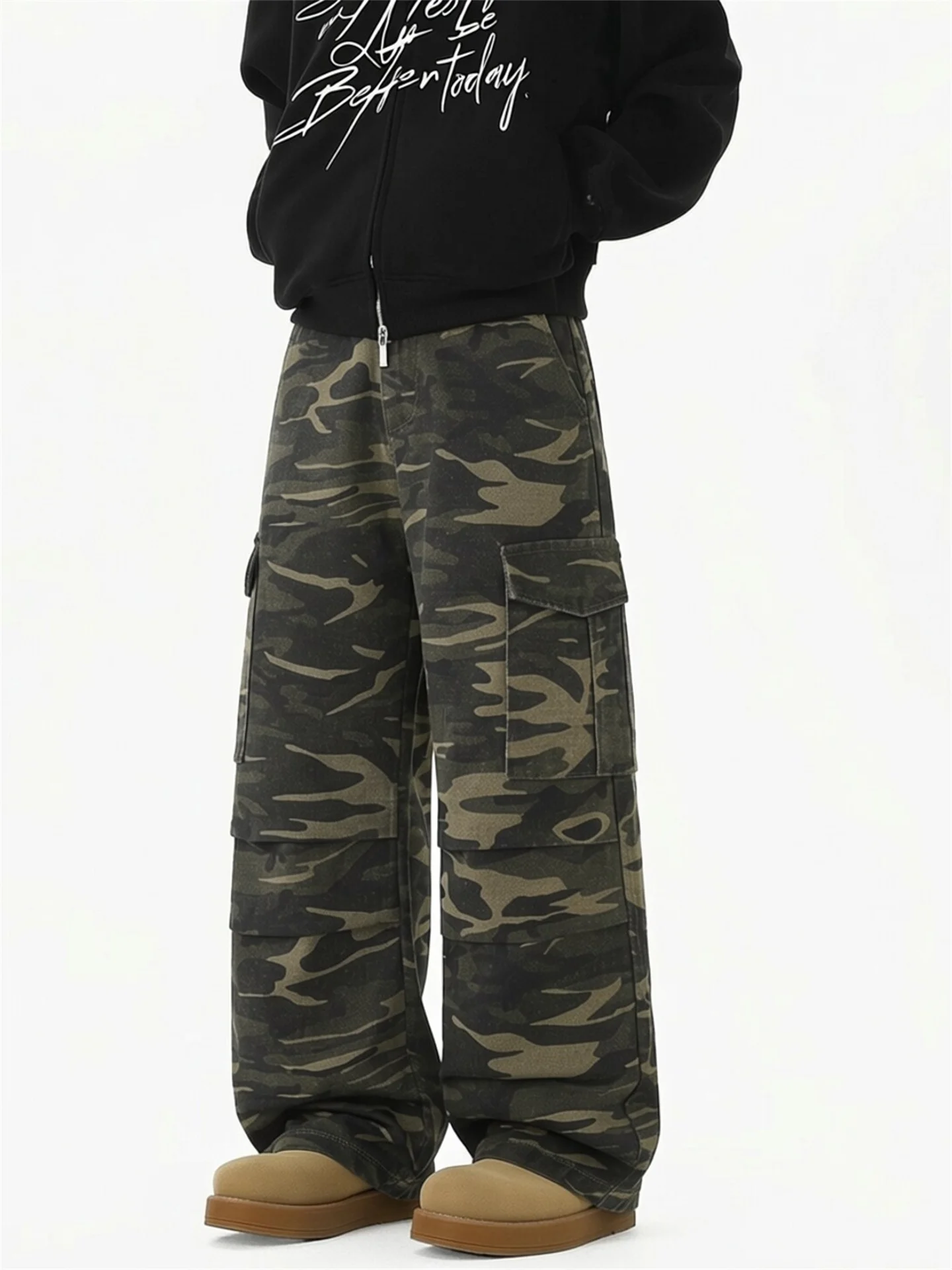 

American Retro Camouflage Wide Leg Men's Jeans Hip Hop Washed Loose Workwear Trousers High Street Style Spring Autumn Casual